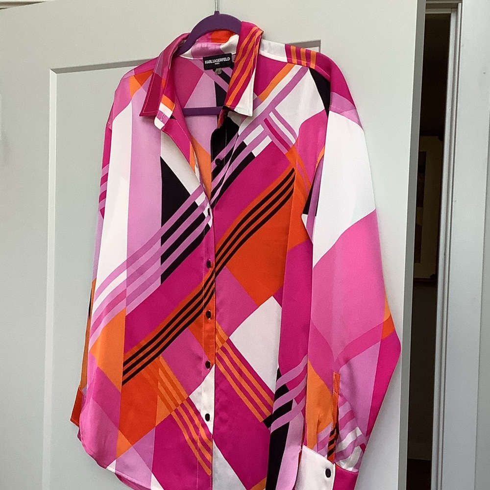 Karl Lagerfeld Pink Orange White Geometric Silk Blouse